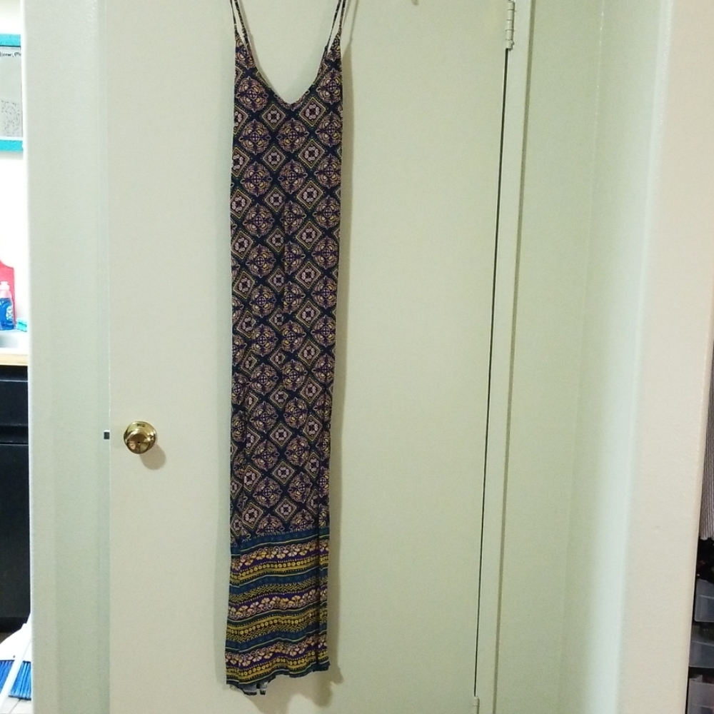 Long Blue Maxi Dress with Yellow Coral Pink